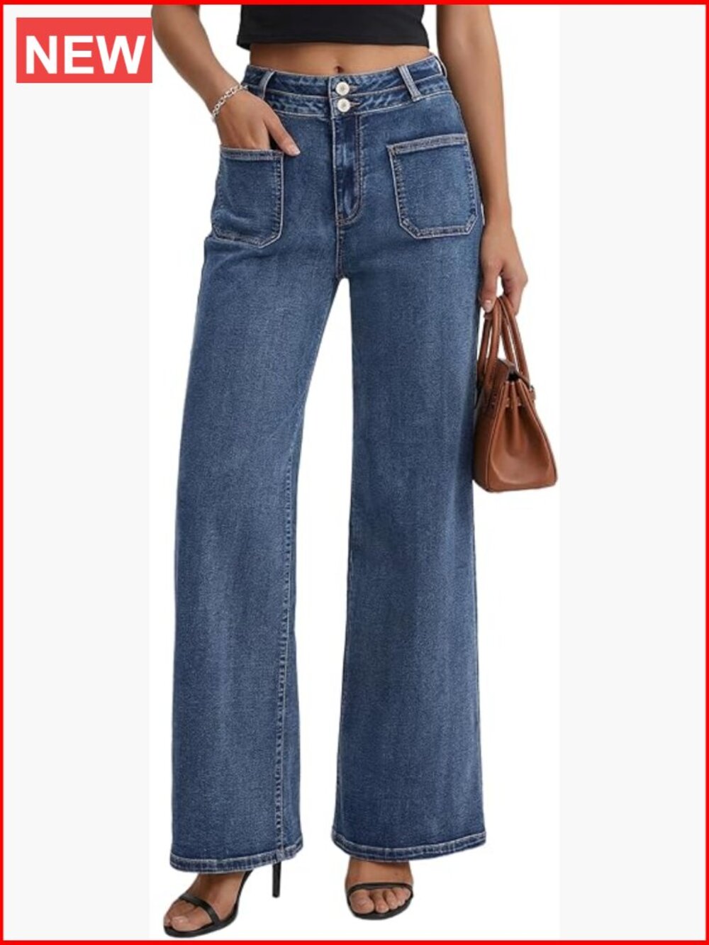 High Waist Wide Leg Jeans Stretchy Loose Denim Pants Two Button Detail